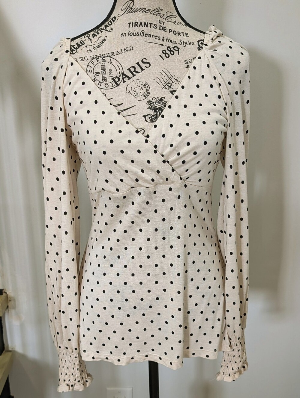 H&M | Cream with Black Polka Dots V-Neck Wrap Style Long Sleeve Top